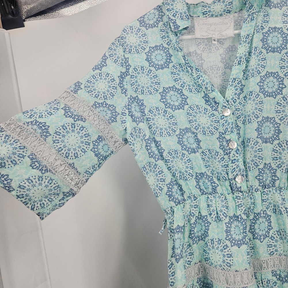 Temptation Positano Puebla Linen Dress Green Blue Medallion Lace Trim Mini Sz S - Picture 8 of 13